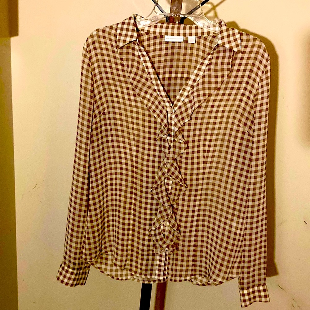 New York & Company | Women’s Sheer Brown & White Blouse - Size Medium
